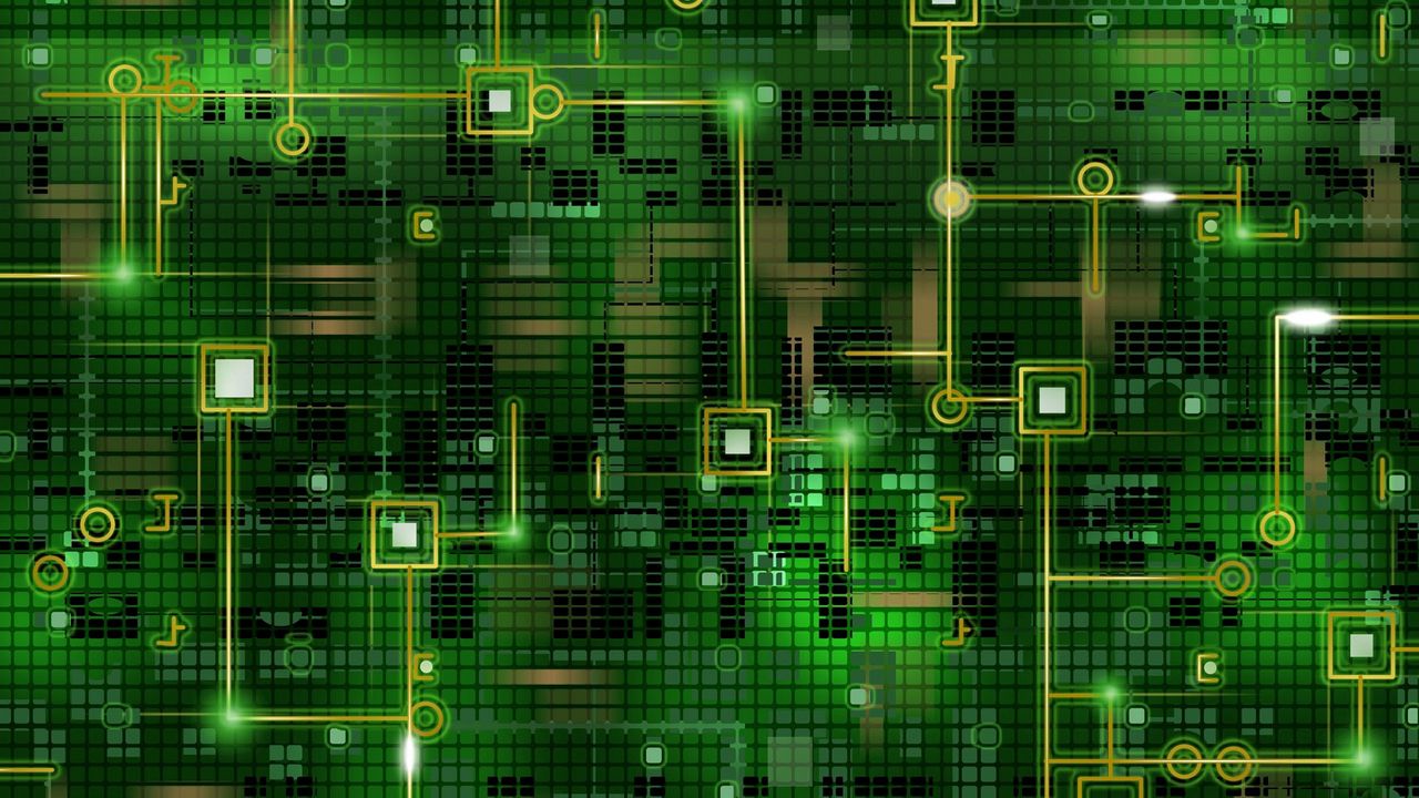 Wallpaper chip, grid, background, black, green, line, circuit