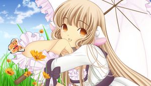 Preview wallpaper chobits, girl, blonde, pretty, umbrella, posture