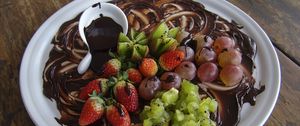 Preview wallpaper chocolate, strawberry, kiwi, grapes, dish, dessert