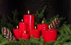 Preview wallpaper christmas candles, bumps, twigs, pine needles