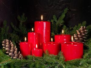 Preview wallpaper christmas candles, bumps, twigs, pine needles