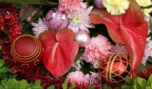 Preview wallpaper christmas, christmas decorations, tinsel, carnations, anthurium, lettering, green