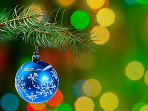 Preview wallpaper christmas decoration, ball, branch, tree, bokeh, new year