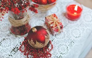 Preview wallpaper christmas decorations, ball, candle, gift