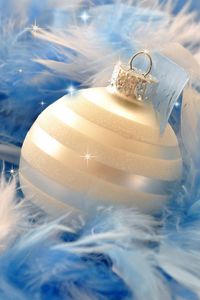 Preview wallpaper christmas decorations, ball, feathers, blue, close-up