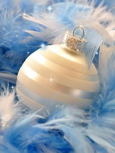 Preview wallpaper christmas decorations, ball, feathers, blue, close-up