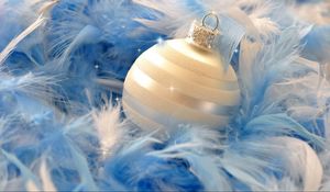 Preview wallpaper christmas decorations, ball, feathers, blue, close-up