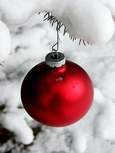 Preview wallpaper christmas decorations, ball, hanging, snow, branch, needles