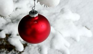 Preview wallpaper christmas decorations, ball, hanging, snow, branch, needles