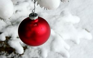 Preview wallpaper christmas decorations, ball, hanging, snow, branch, needles