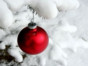 Preview wallpaper christmas decorations, ball, hanging, snow, branch, needles