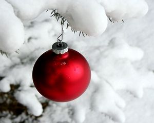 Preview wallpaper christmas decorations, ball, hanging, snow, branch, needles