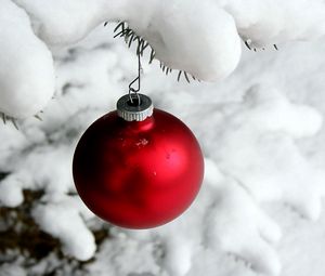 Preview wallpaper christmas decorations, ball, hanging, snow, branch, needles