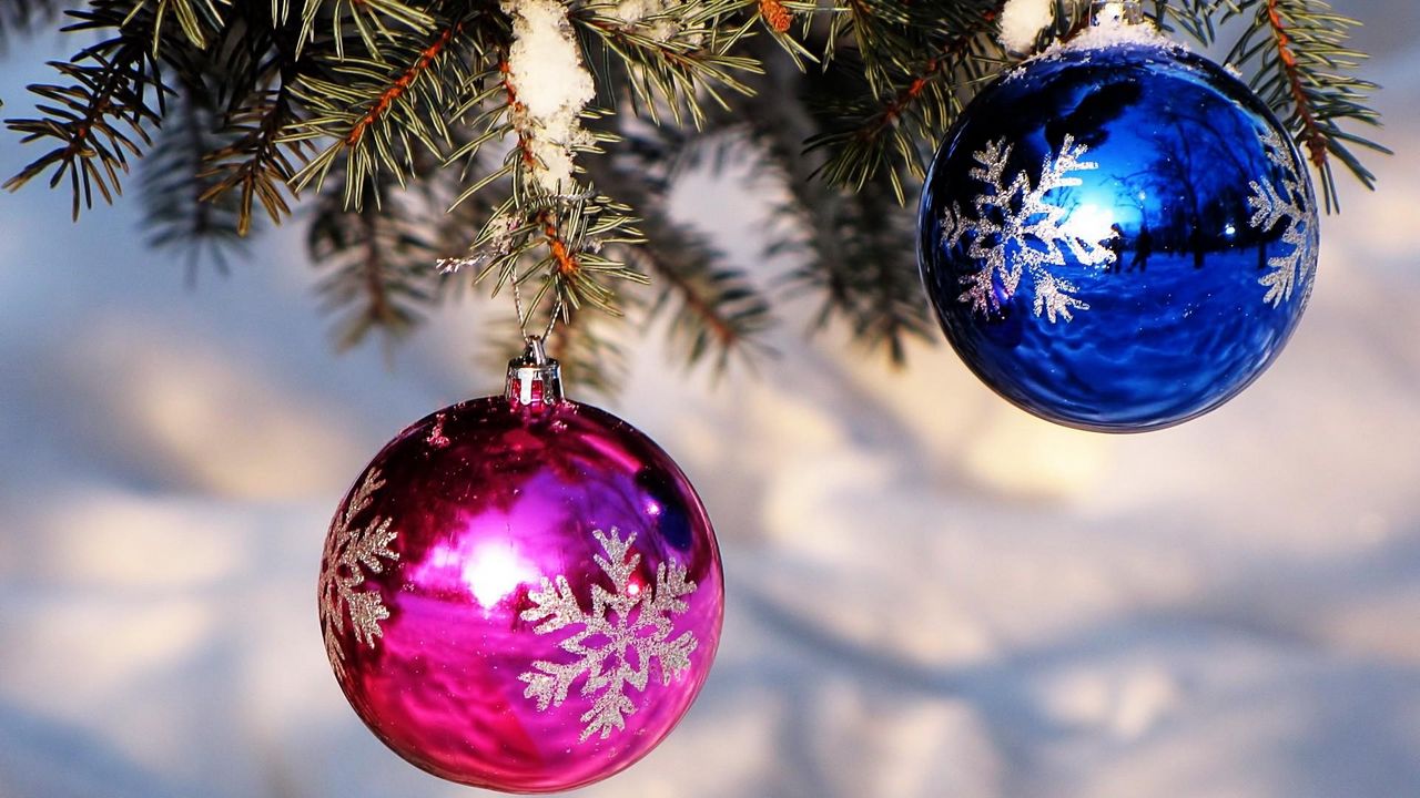 Wallpaper christmas decorations, balloons, blue, pink, spruce, snow