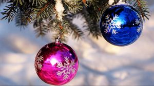Preview wallpaper christmas decorations, balloons, blue, pink, spruce, snow