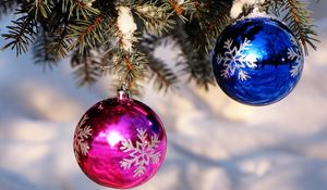 Preview wallpaper christmas decorations, balloons, blue, pink, spruce, snow