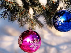 Preview wallpaper christmas decorations, balloons, blue, pink, spruce, snow