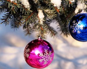 Preview wallpaper christmas decorations, balloons, blue, pink, spruce, snow