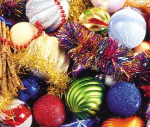 Preview wallpaper christmas decorations, balloons, colorful, tinsel, glitter, attributes