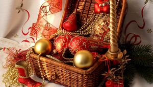 Preview wallpaper christmas decorations, balloons, decorations, candle, shoe, thread, needles, box, new year