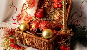 Preview wallpaper christmas decorations, balloons, decorations, candle, shoe, thread, needles, box, new year