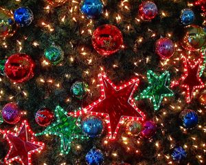 Preview wallpaper christmas decorations, balloons, stars, garlands, tree, holiday