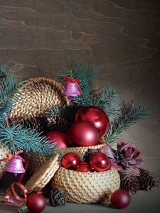 Preview wallpaper christmas decorations, balloons, thread, needles, cones, bells, baskets, ribbon