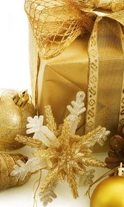 Preview wallpaper christmas decorations, cone, gift, gold, snowflake, holiday