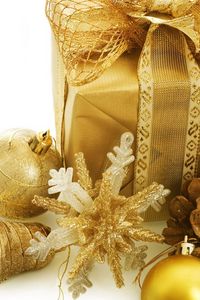 Preview wallpaper christmas decorations, cone, gift, gold, snowflake, holiday