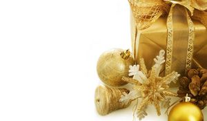 Preview wallpaper christmas decorations, cone, gift, gold, snowflake, holiday