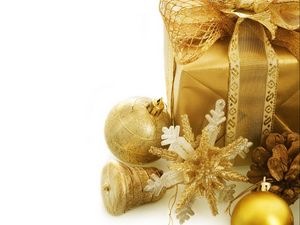 Preview wallpaper christmas decorations, cone, gift, gold, snowflake, holiday