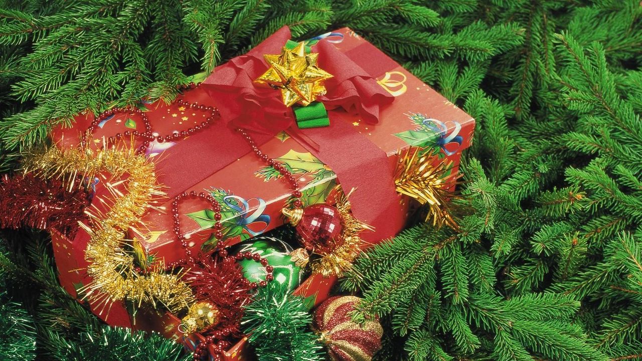 Wallpaper christmas decorations, pine needles, tinsel, gift, holiday, new year