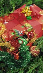 Preview wallpaper christmas decorations, pine needles, tinsel, gift, holiday, new year