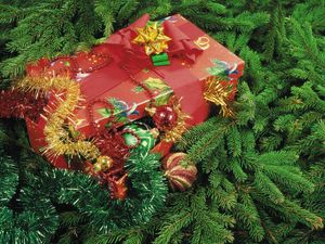 Preview wallpaper christmas decorations, pine needles, tinsel, gift, holiday, new year