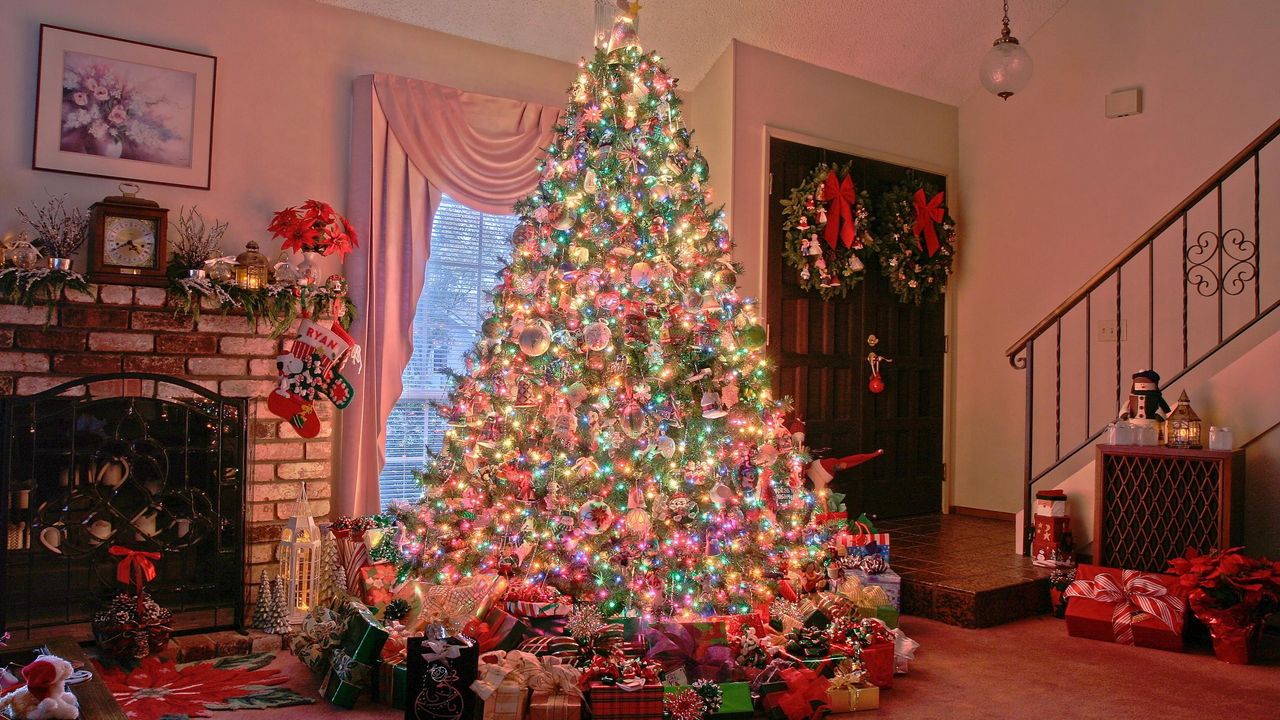 Wallpaper christmas, holiday, tree, presents, fireplace, home