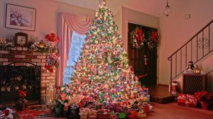Preview wallpaper christmas, holiday, tree, presents, fireplace, home