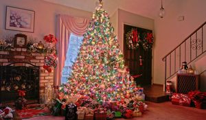 Preview wallpaper christmas, holiday, tree, presents, fireplace, home