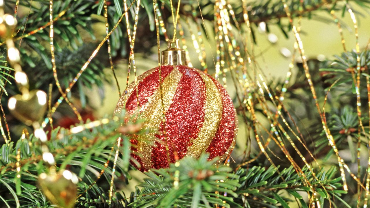 Wallpaper christmas, new year, fur-tree, attribute, sphere, red, ornament, rain