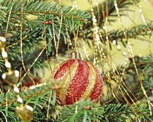 Preview wallpaper christmas, new year, fur-tree, attribute, sphere, red, ornament, rain