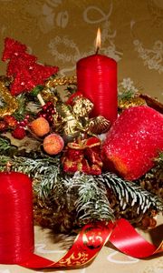 Preview wallpaper christmas, new year, fur-tree, ornaments, candles