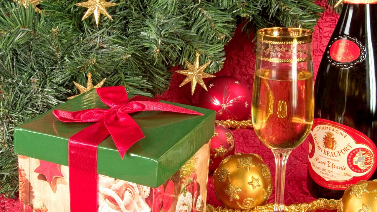 Wallpaper christmas, new year, gift, champagne, box