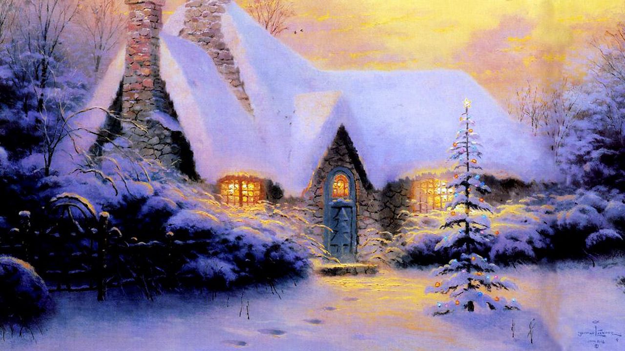 Wallpaper christmas, new year, house, fur-tree, snow, winter, light, stone