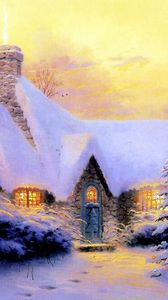 Preview wallpaper christmas, new year, house, fur-tree, snow, winter, light, stone