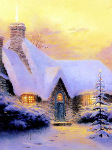 Preview wallpaper christmas, new year, house, fur-tree, snow, winter, light, stone