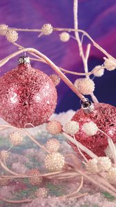 Preview wallpaper christmas, new year, ornaments, cosiness, spheres, branch, red