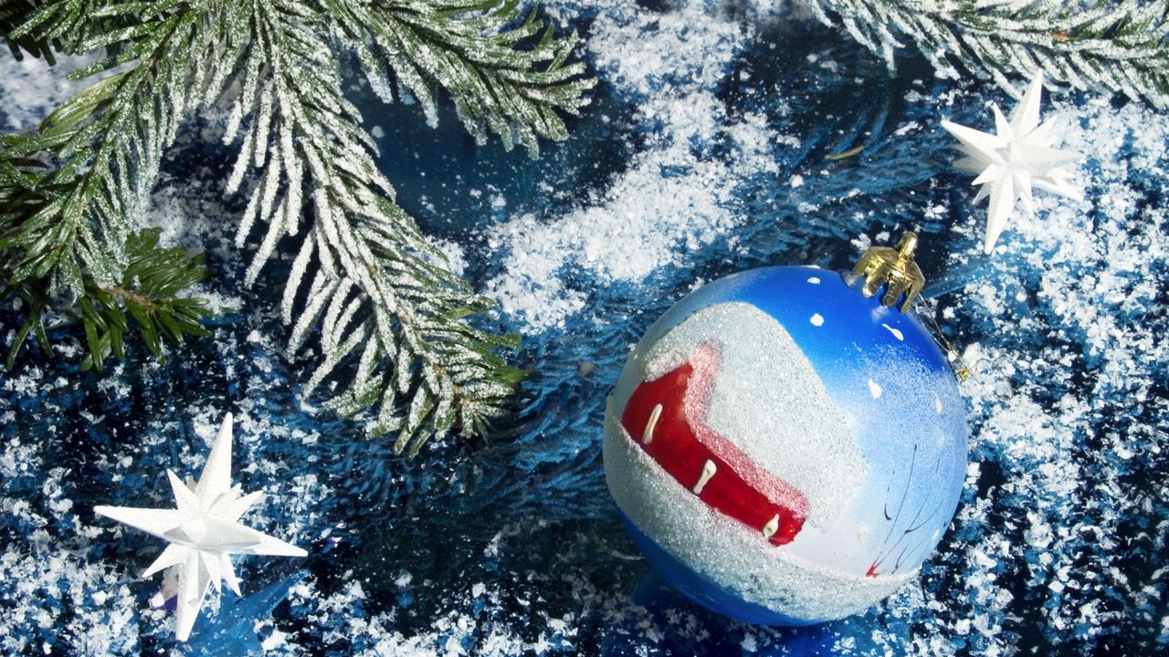 Wallpaper christmas, new year, sphere, fur-tree, ornament, dark blue, snow