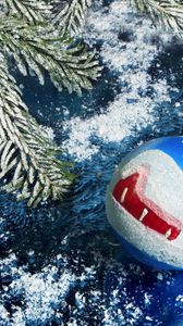 Preview wallpaper christmas, new year, sphere, fur-tree, ornament, dark blue, snow