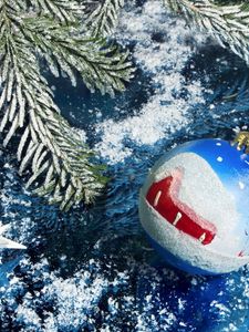 Preview wallpaper christmas, new year, sphere, fur-tree, ornament, dark blue, snow