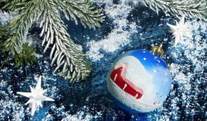 Preview wallpaper christmas, new year, sphere, fur-tree, ornament, dark blue, snow