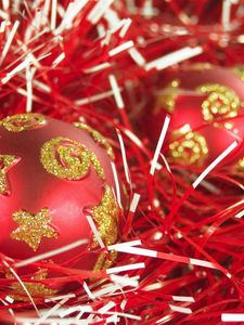 Preview wallpaper christmas, new year, spheres, tinsel, red, ornaments